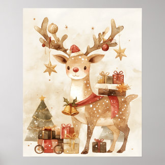 Poster Cozy Reindeer with Christmas Gifts Wall Art Decor