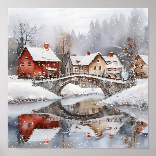 Poster Cozy Winter Village Bridge Watercolor Christmas (Devant)