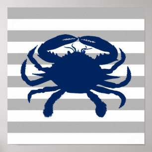 Poster Crabe bleu marine gris et rayure blanche