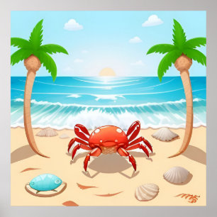 Poster Crabe de dessin animé, Palmiers et Coquillages