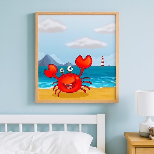 Poster Crabe heureux sur la plage avec phare