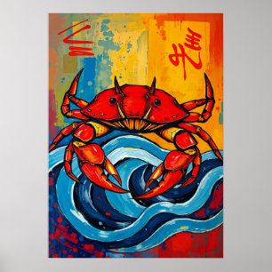 Poster Crabe Rouge Gras Art de Vague Japonaise