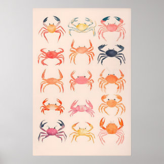 Poster Crabs Watercolor Art Print Beach House Coastal
