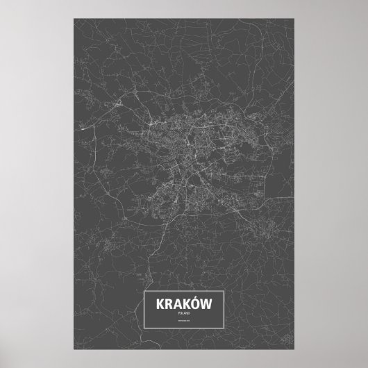 Poster Cracovie, Pologne (blanc sur noir) (Devant)
