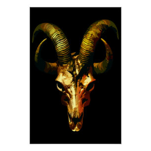Poster Crâne à cornes dorées - Art sombre
