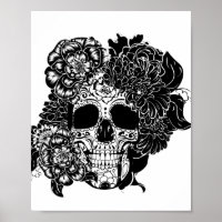 Crâne à sucre avec fleurs en noir et blanc