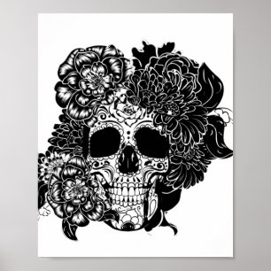 Poster Crâne à sucre avec fleurs en noir et blanc