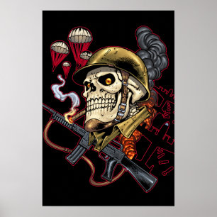 Poster Crâne avec casque, avions et bombes