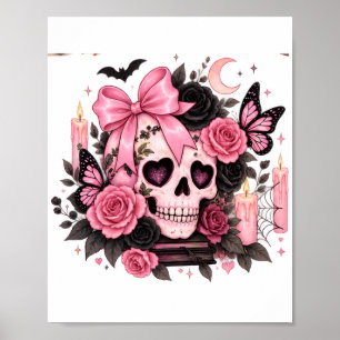 Poster Crâne Coquette Gothique Ruban Rose Halloween