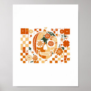 Poster Crâne de citrouille florale à carreaux automne Hal