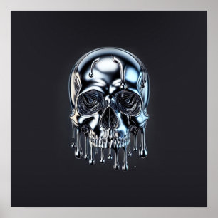 Poster Crâne de fête d'Halloween argent chrome liquide go