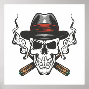 Poster Crâne de gangster avec chapeau fedora