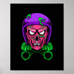 Poster Crâne de motard zombie néon avec pistons croisés