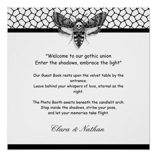 Poster Crâne de Moth gothique Mariage [ Noir & blanc (Devant)