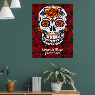 Poster Crâne de Sucre Cinco de Mayo Fleur Rouge Nom Grand