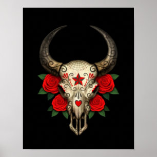 Poster Crâne de sucre de Taureau avec les roses rouges