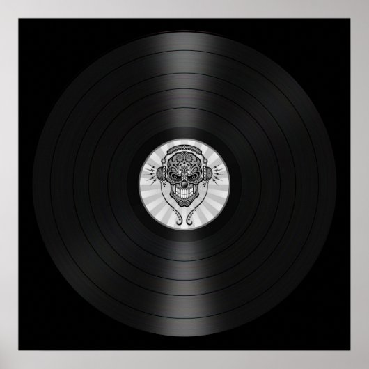 Poster Crâne de sucre gris Dj sur disque vinyle Graphique (Devant)