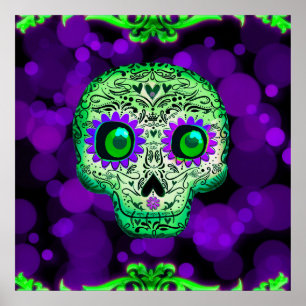 Poster Crâne de sucre lumineux vert et violet pour Hallow