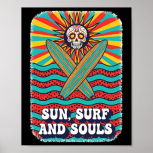 Poster Crâne de Sucre Soleil Psychédélique Rétro Surf Vag