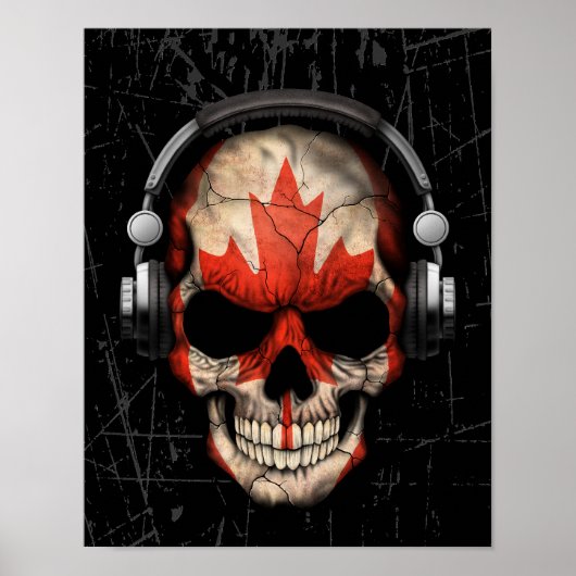 Poster Crâne Dj canadien rayé avec casque (Devant)