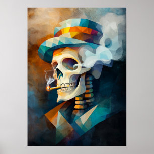 Poster Crâne fumant une cigarette - Cubiste Minimaliste