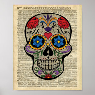 Poster Crâne heureux, crâne de sucre, Halloween, art de