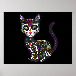 Poster Crâne sucre Chat mexicain Halloween Jour De La Mor