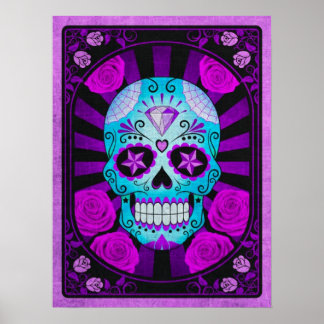 Poster Crâne vintage à sucre bleu et pourpre avec Roses