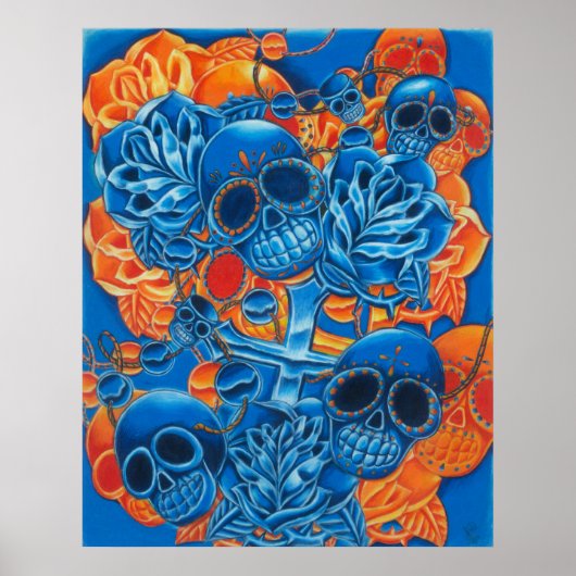 Poster Crânes bleus et orange Imprimer (Devant)
