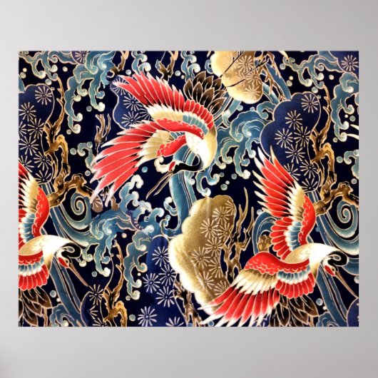 Poster CRANES DE VOL, VAGUES, FLEURS DE PRINTEMPS Japonai (Devant)