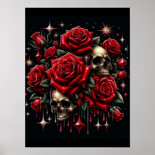 Poster Crânes dorés et roses rouges scintillent de glamou (Devant)