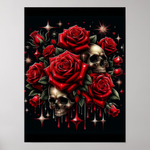 Poster Crânes dorés & Roses rouges scintillent Glamour go