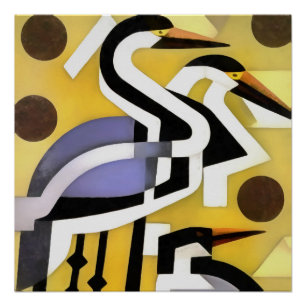 Poster Cranes In Geometric Abstract Art Style On Yellow