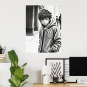 Poster Crayon noir et blanc dessin garçon AI Art généré (Bureau à domicile)