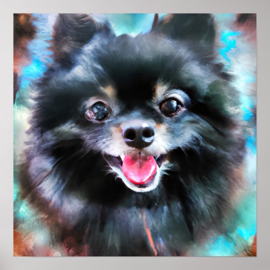 Poster Crazy Happy Black Pomeranian Portrait Art (Devant)