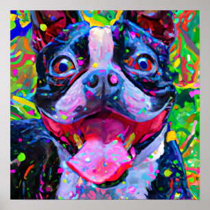 Poster Crazy Happy Boston Terrier Dog 2 Art Portrait