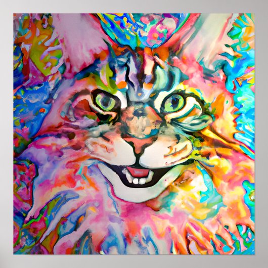 Poster Crazy Happy Maine Coon Cat Portrait Art (Devant)