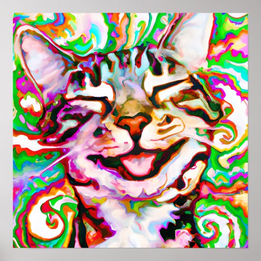 Poster Crazy Happy Tabby Cat Portrait Art (Devant)