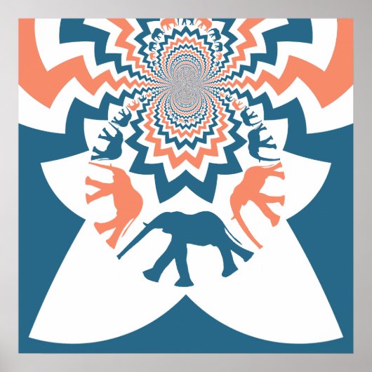 Poster Crazy Walking Elephants Coral Blue Chevron Motif (Devant)