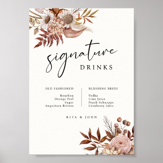 Poster Cream Boho Floral Bar Signature Boissons Mariage (Devant)