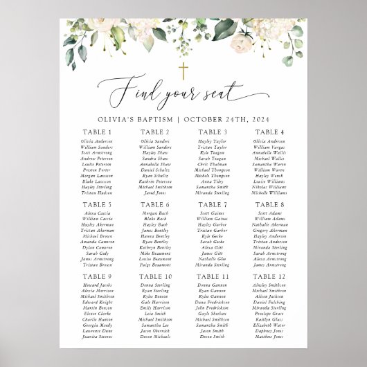 Poster Cream White Flowers, Boho, Baptism Seating Chart (Devant)