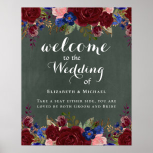 Poster Create Wedding Welcome Sign Burgundy Blue Floral