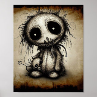 Poster créature peluche mignonne gros yeux noirs, style v