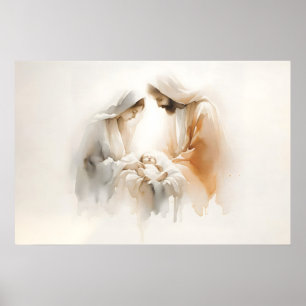 Poster Crèche Aquarelle Art Chrétien de Noël