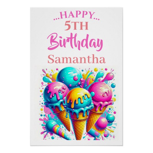 Poster Crème glacée fille, joli anniversaire (Devant)