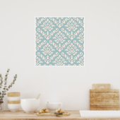 Poster Crème Motif baroque Damas sur bleu (Cuisine)