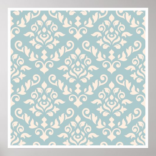Poster Crème Motif baroque Damas sur bleu (Devant)