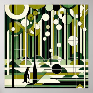 Poster Crème vert olive Géométrique Forêt de pingouins Ré