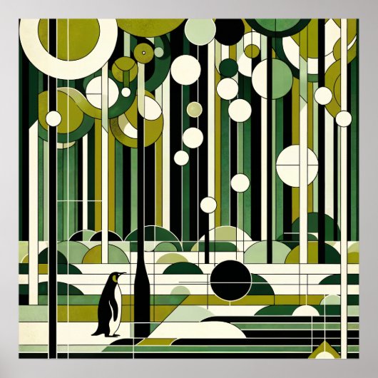 Poster Crème vert olive Géométrique Forêt de pingouins Ré (Devant)
