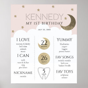 Poster Crescent Lune & Étoiles Rose 1er Anniversaire Jalo